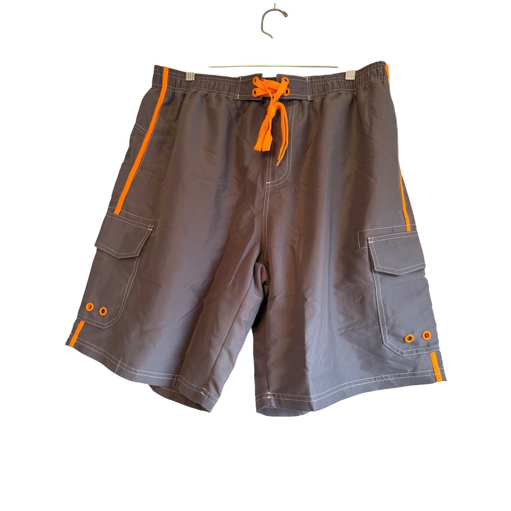 TacVasen Mens XL Gray Swim Trunks Orange Trim Cargo Pockets  Lined Board Short